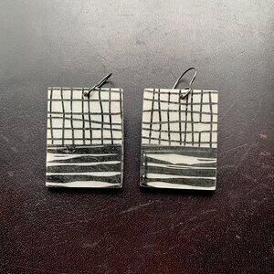 Polymer Clay Large Square Abstract Earrings Black & Pearl White